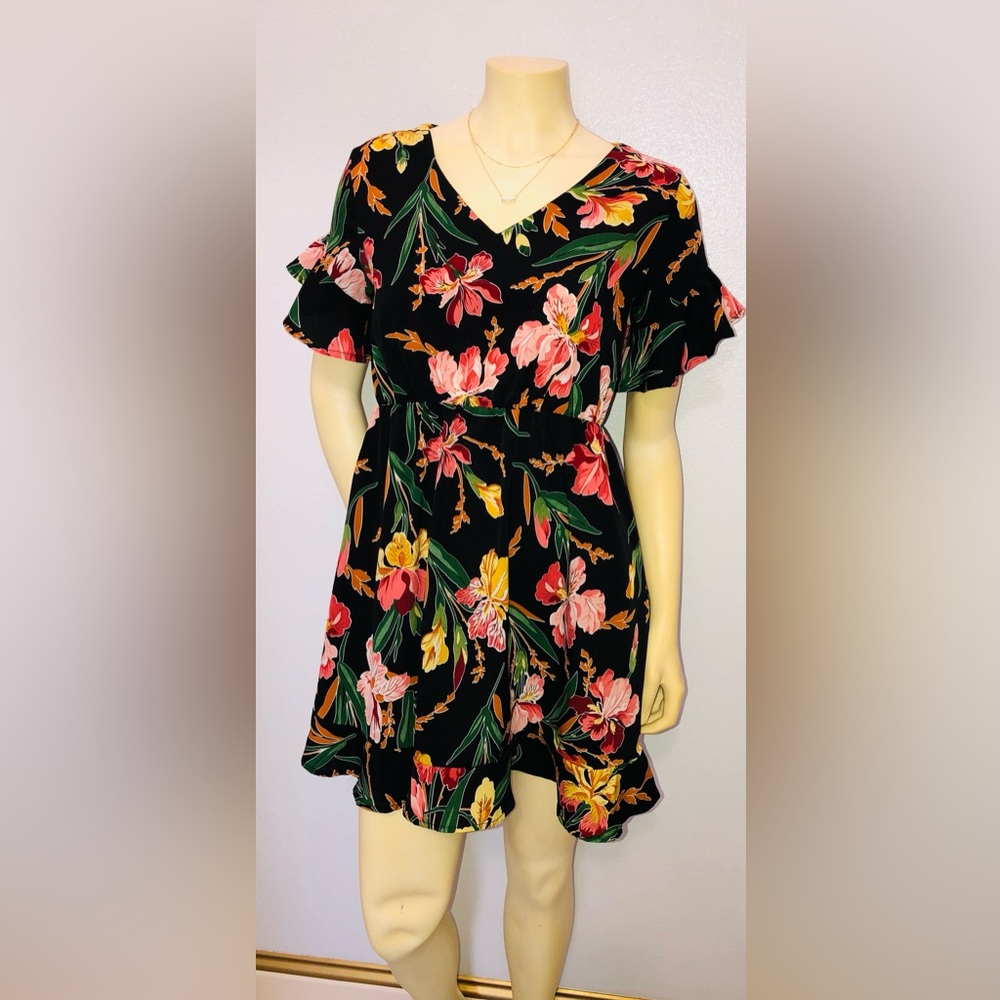 Black Floral Ruffle Sleeve Mini Dress